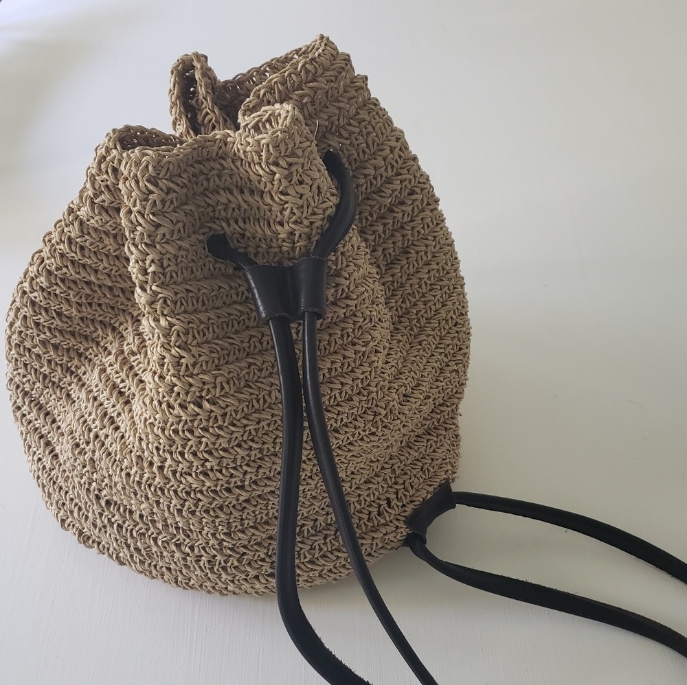 Eddie Bauer Drawstring Straw Backpack Tote Bag